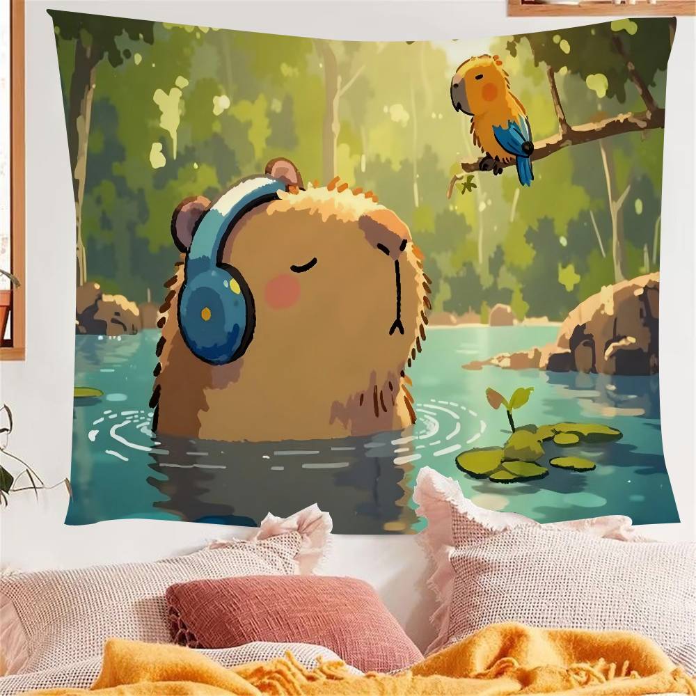 Süße Capybara Cartoon Sommer Wandteppich Kunstdruck Japanischer Wandbehang Anime Wandbehang Heimdekoration