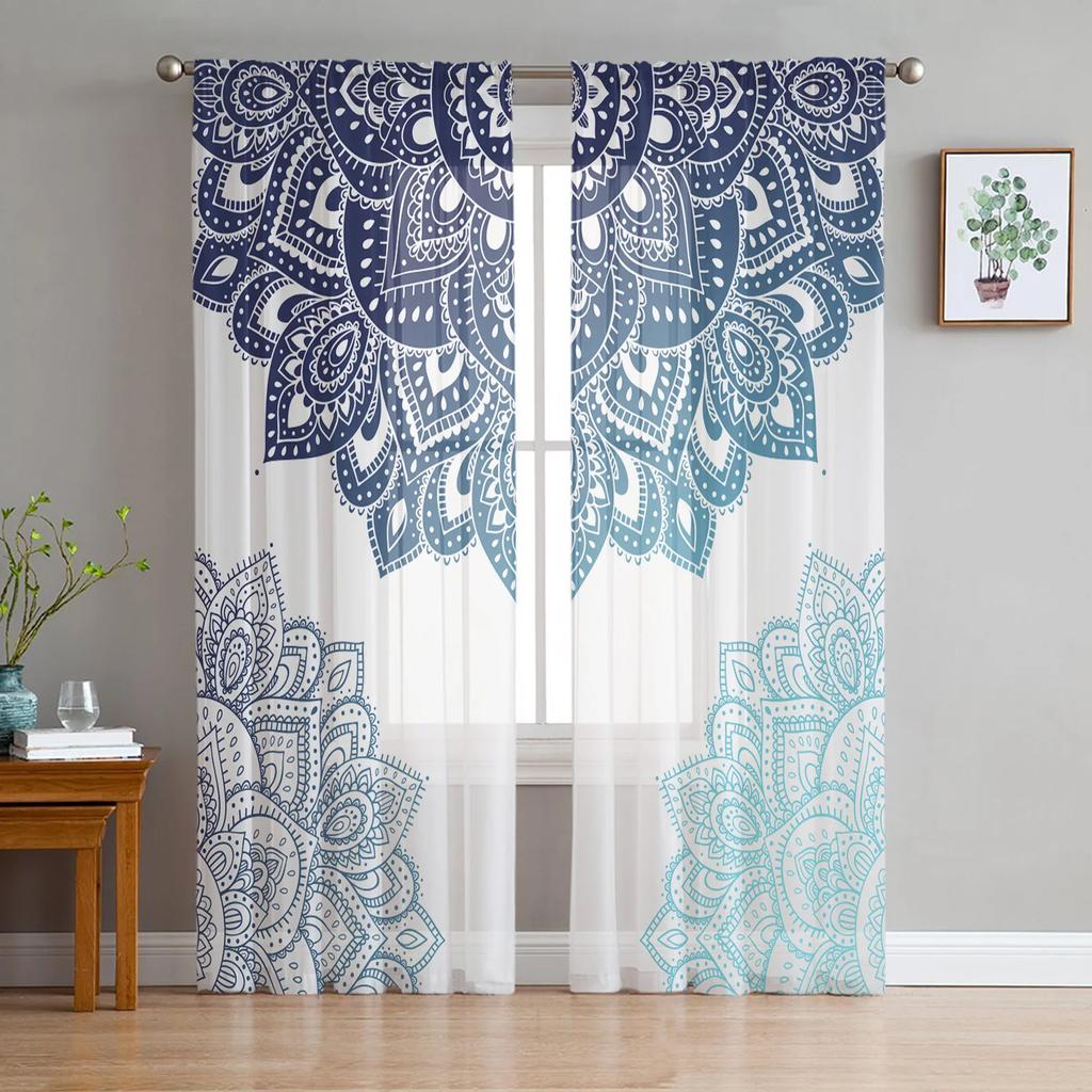 Oil Painting Style Spring Flowers Tulle Window Curtains Living Room Organza Sheer Voile Curtain Bedroom Kitchen Home Decor Drape