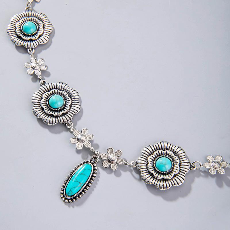 JMXD Bohemian Turquoise Flower Pendant Necklace for Women, Y2K Alloy Pearl Choker, Retro Adjustable Layered Chain, Dainty Minimalist Jewelry Gift Idea
