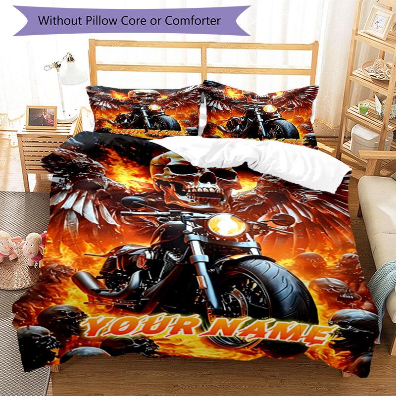 3PC Custom Name Biker Spirit: Fire Wings Bedding Set Duvet Cover Closure Includes 1 Duvet Cover & 2 Pillowcases for Bedroom