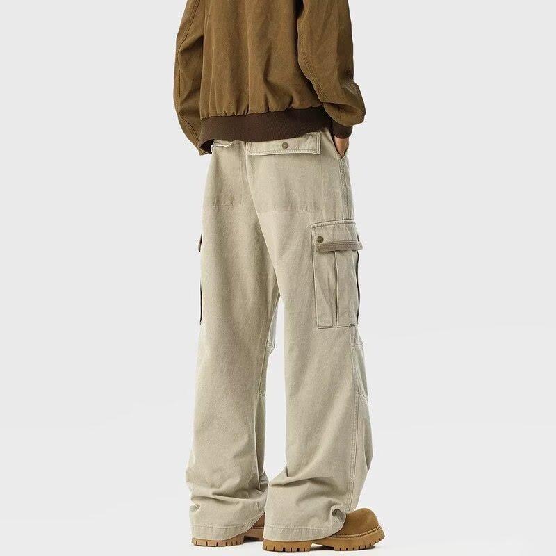 Khaki retro casual pants men's spring American high street big pocket tooling trousers loose versatile straight pants