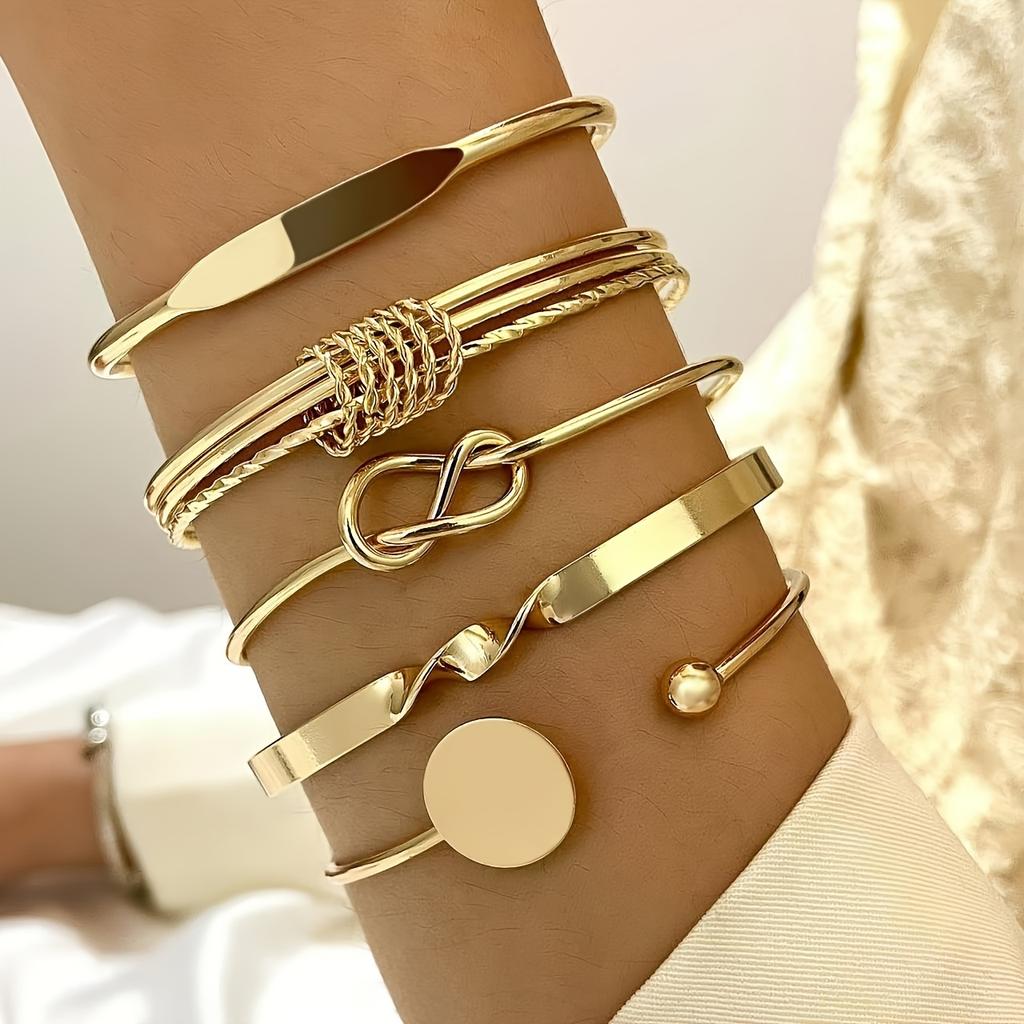 5pcs/set Glossy Alloy Bangle, Minimalist Geometric Round Retro Trendy Knotted Open Cuff Bracelet Set For Women