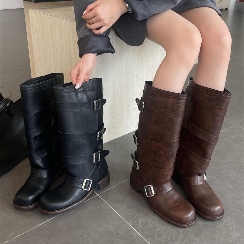 Edition Wide Knight Boots Women's Boots 2025 New Low Heel Belt Buckle Western Wasteland Wind Boots