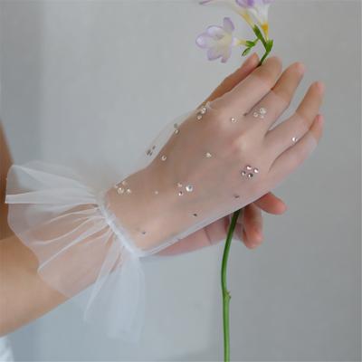 Lace Rhinestones Gloves for Theme Event Women Evening Gown Gloves Short Sheer Gloves for Bride Photoshooting Accessories