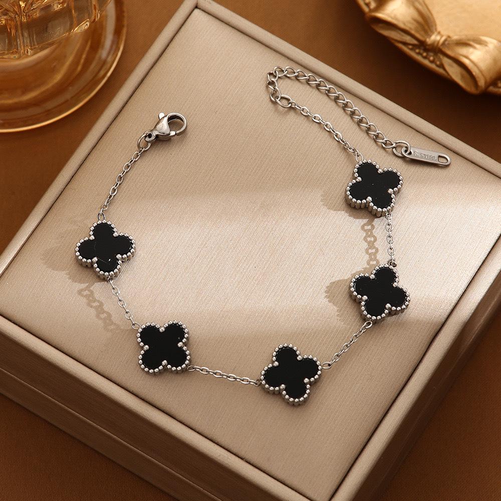 Korean Style Titanium Steel Four-Leaf Clover Couple Bracelet, 18k Rose Gold, Non-Fading