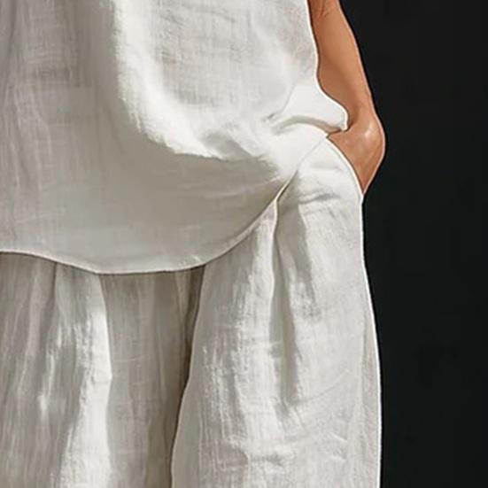 Completo in Cotone e Lino da Donna a 2 Pezzi con Top Canotta Senza Maniche con Scollo all'Americana e Pantaloni a Gamba Larga Set da Relax Abbigliamento Casual per le Vacanze