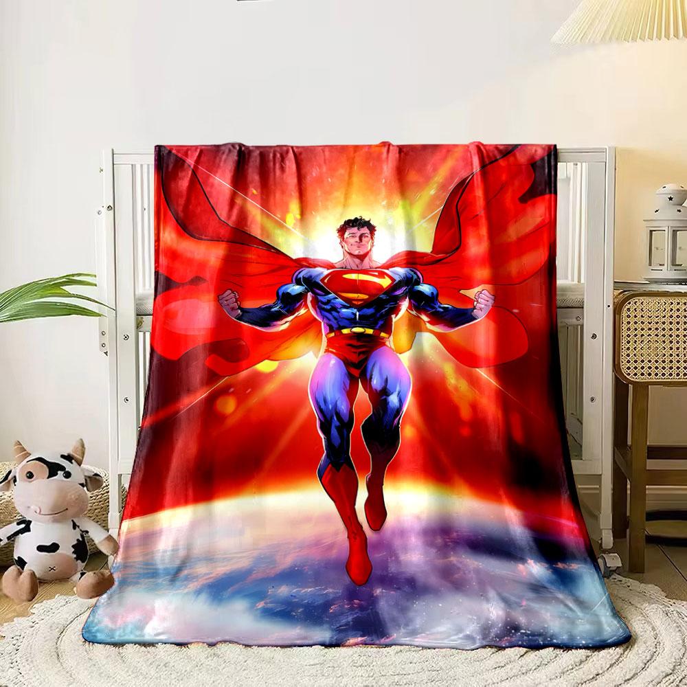 

Superhero in red cape and blue suit, glowing backdrop over Earth. for all seasons blanket lunch break throw gift 80cm x 120cm