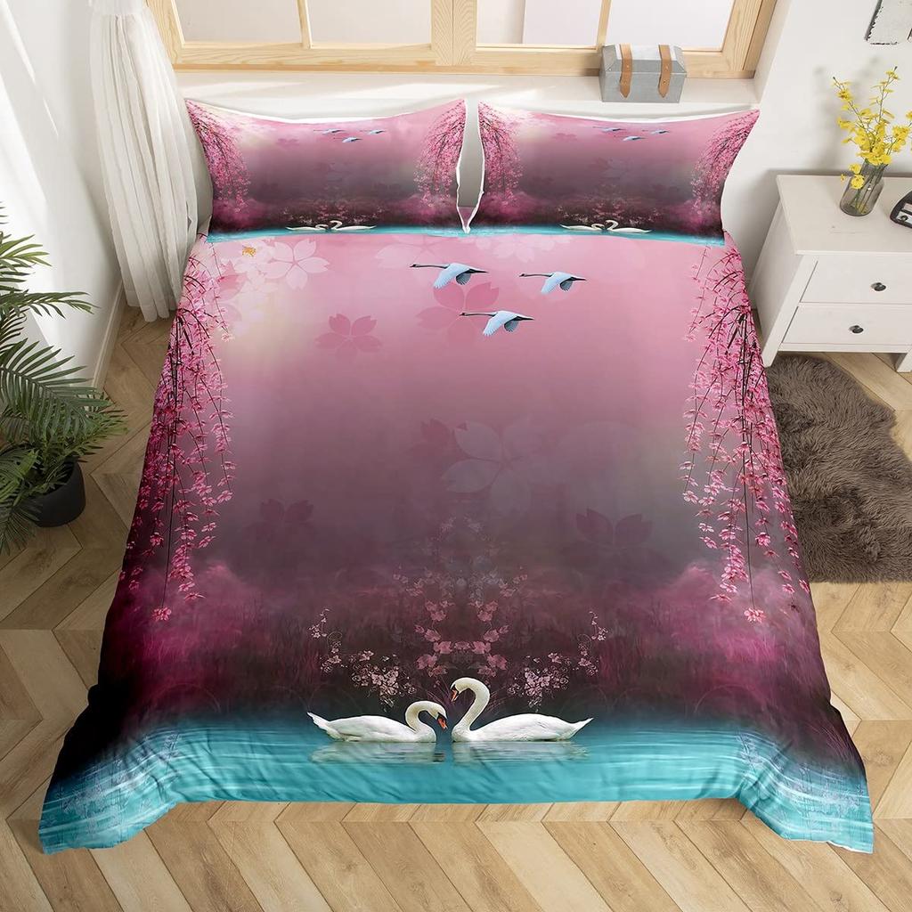 Romantic Swan Duvet Cover Set King Wild Animal Comforter Cover Butterfly Floral Bedding Set For Valentine's Day Wedding Decor