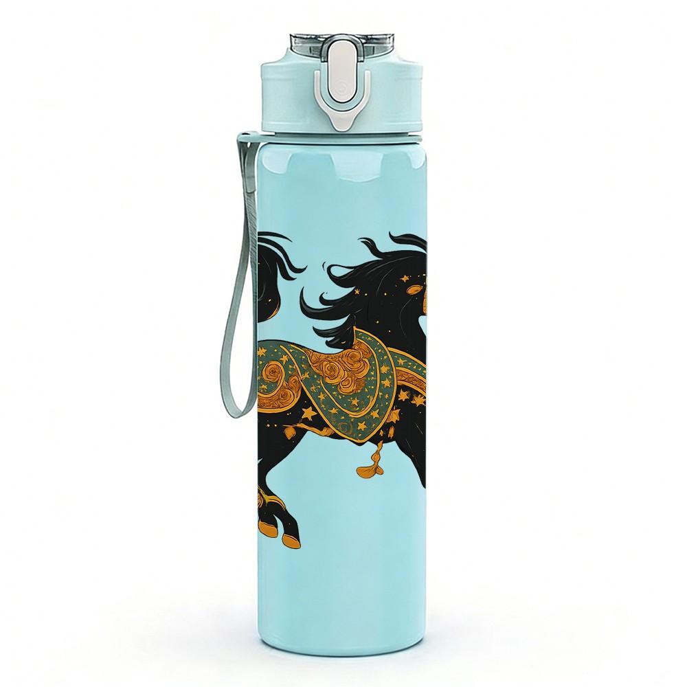 1PC Classic Black Horse Art 750ml Color Plastic Sports Water Bottle Leakproof Flip Straw Lid Suitable for Sports Office Home Use