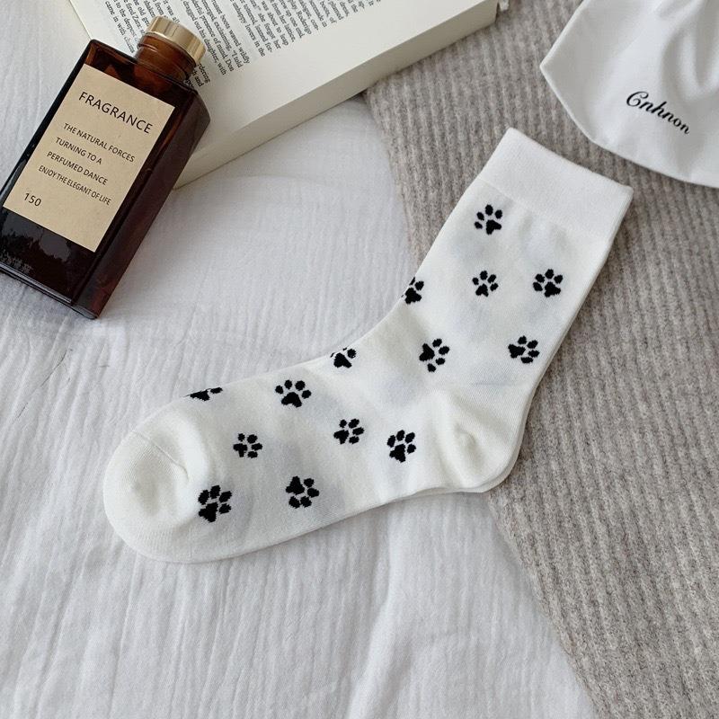 Women's Cartoon Pattern Cat Paw Print Cotton Socks, Trendy Mid-calf Socks, School Style, Versatile and Simple Dog Paw Socks
