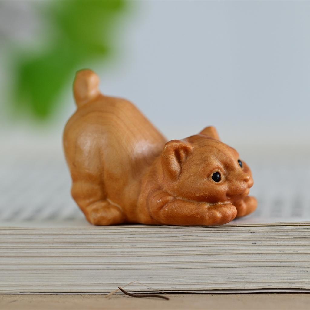 Miniature Wooden Carved Lying/Sitting Cat Ornaments Creative Tabletop Cute Animals Figurine Kids Gift Decoration home
