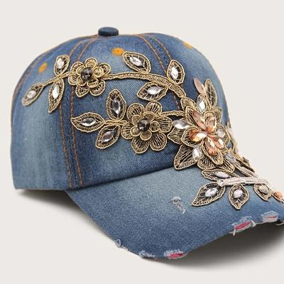 Baseballkappe mit Blumen-Strass, Jeanshut, blau, lässiger Cowboyhut, Sonnenschutzhut für Frauen und Mädchen, schönes Geschenk zu Weihnachten und Valentinstag für Sie