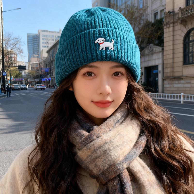 Bestickte Strickmütze für Damen Herbst und Winter Koreanische Version All-Match Wollmütze Kleines Gesicht Großer Kopfumfang Warme Mütze