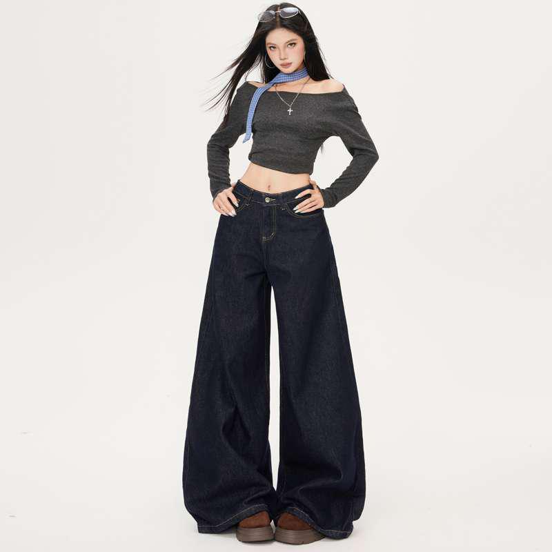 Women s Deep Blue Wide-Leg Non-Fading Velvet Plus Jeans L