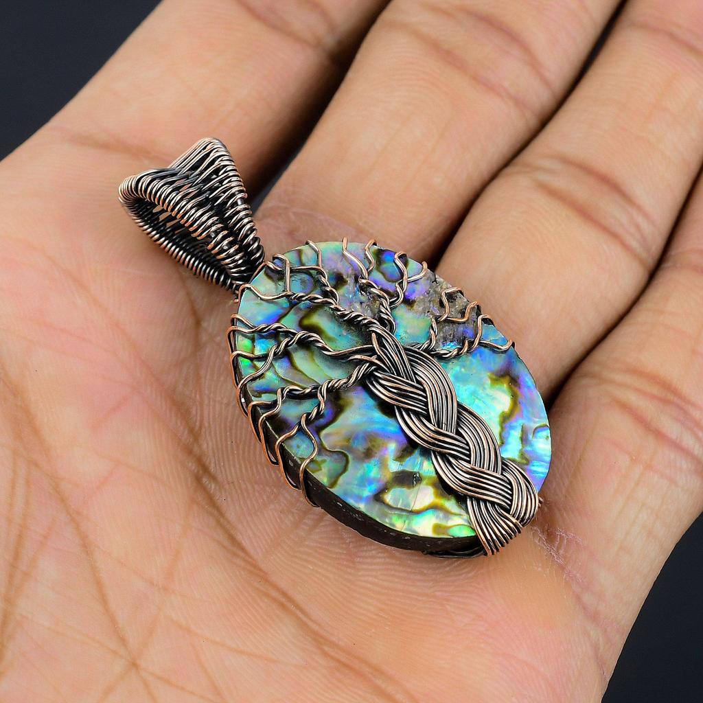 Abalone Shell 999 Copper Wire Wrapped Pendant, Handmade Gemstone Pendant Jewelry, Gifts For Wife Brand New Pendant