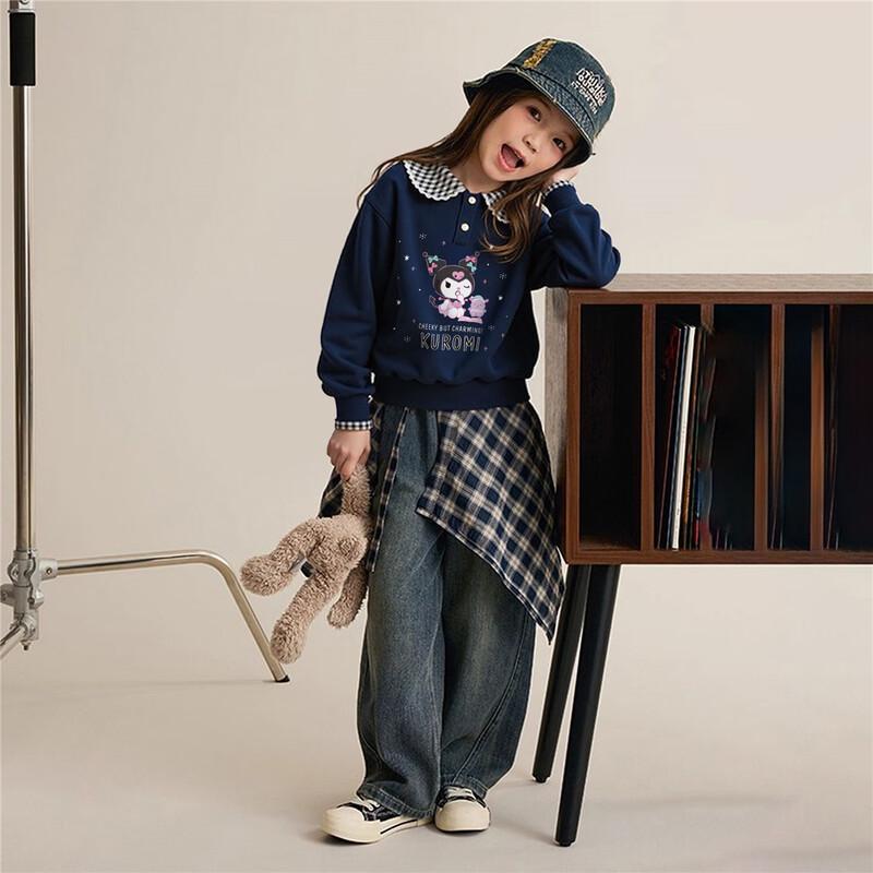 Hello Kitty Girls' Plaid Patchwork Lapel Sweatshirt
