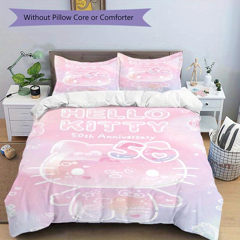 3pcs 50th Anniversary Hello Kitty Printed Quilt Set - Includes 1 Quilt Cover and 2 Pillowcases, Machine Washable - Suitable for All Seasons.W002