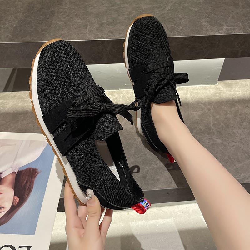 Cross-border Large-size New Fly-woven Mesh Breathable Casual Lightweight Lace-up Thick Heel Women's Casual Single Shoes Women