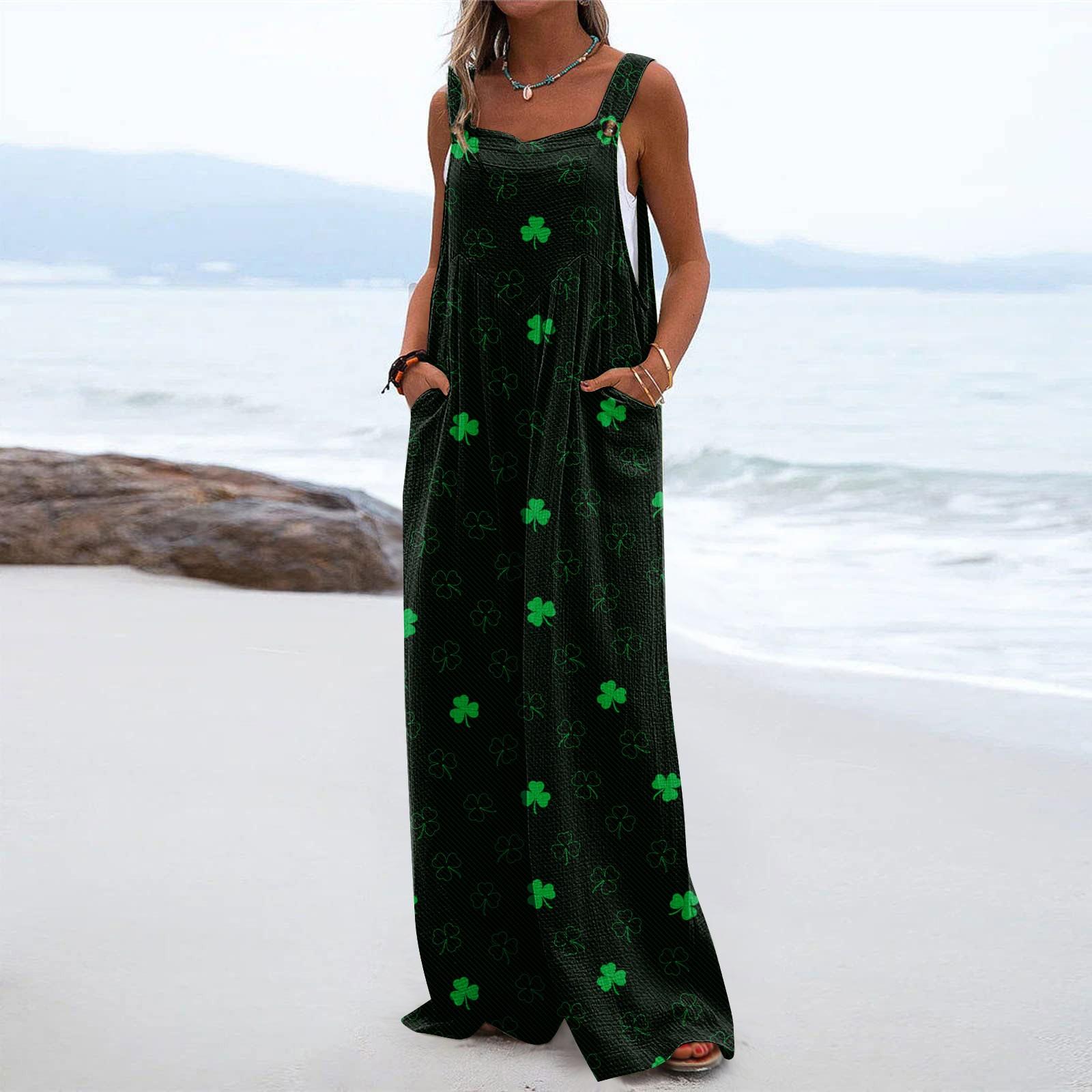 

Широкие комбинезоны для женщин, повседневные свободные комбинезоны без рукавов St. Длинный комбинезон с карманами и принтом на пуговицах ко Дню Святого Патрика M разноцветный