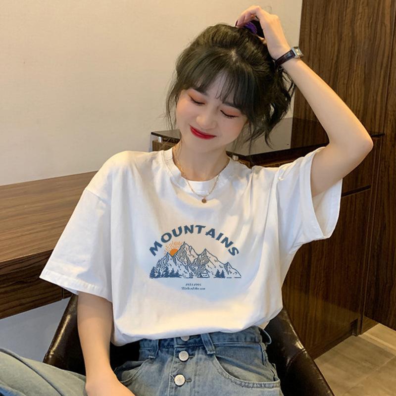 

Heavy cotton short-sleeved t-shirt women s loose Korean version ins women s clothing versatile cartoon print inner half-sleeved top and clothing trend m (recommended 80-100) белый