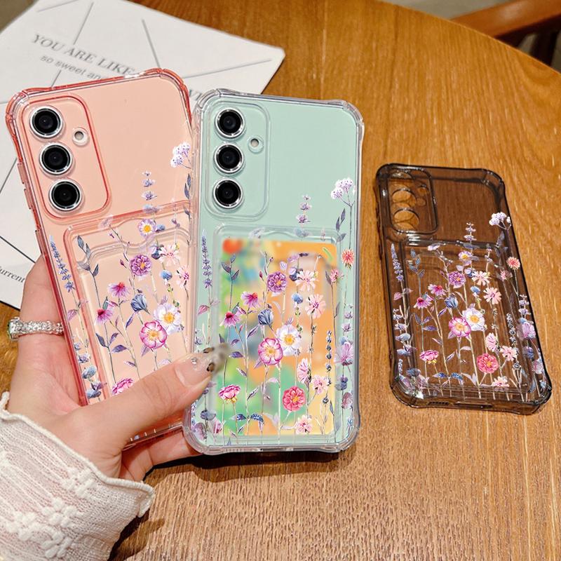 Card Bag Wallet Phone Case For Samsung Galaxy A56 A55 A25 A15 A16 5G S25 Edge S23 S22 Ultra S24 FE Small Flowers Soft TPU Cover