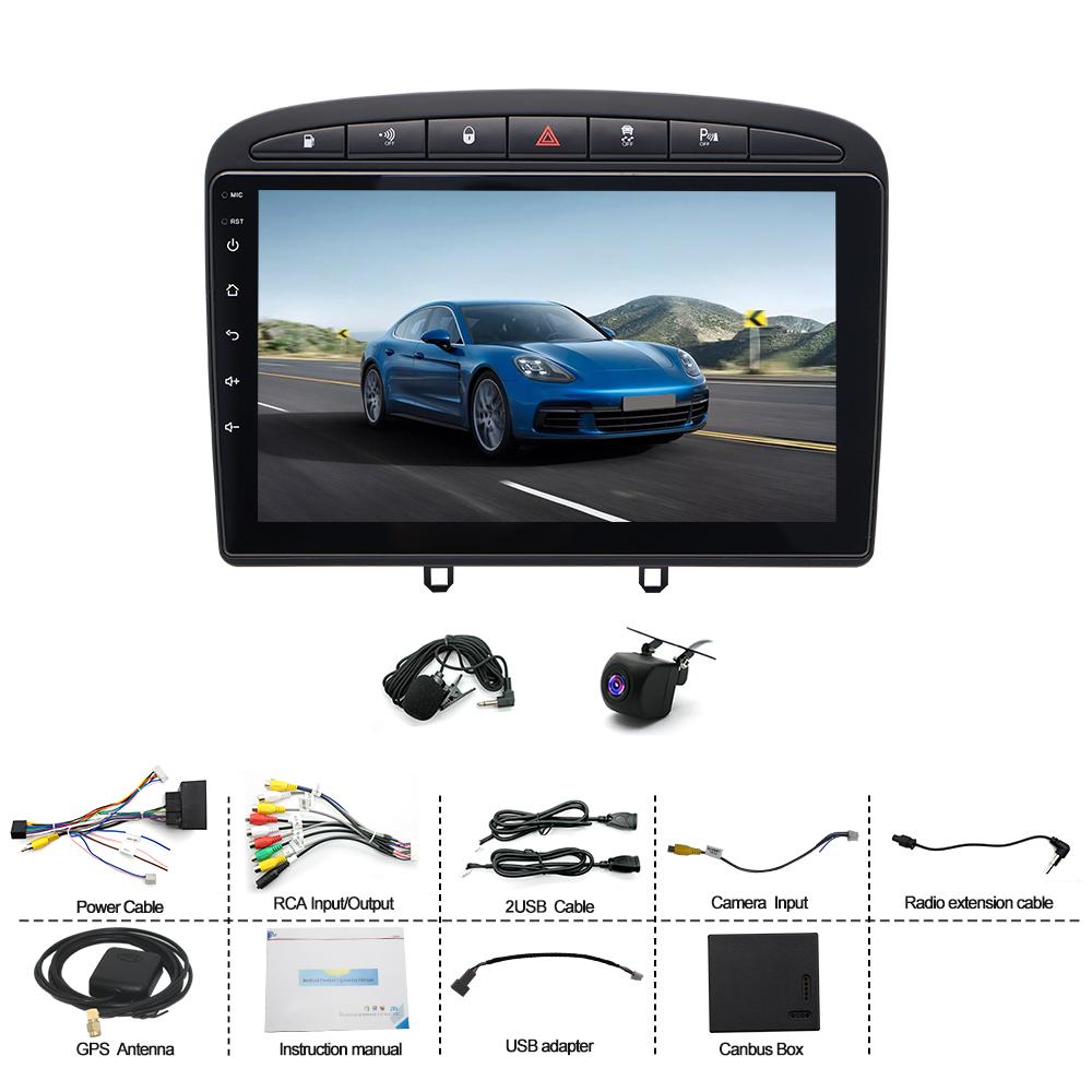 9palcové autorádio s Carplay, GPS navigací, kompatibilní pro P-eugeot 308 2007-2015, Android 14