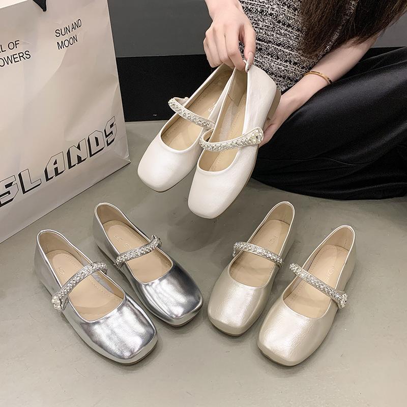 Rhinestone empty Mary Jane shoes women's 2025 summer new versatile thick heel high heels retro buckle single shoes