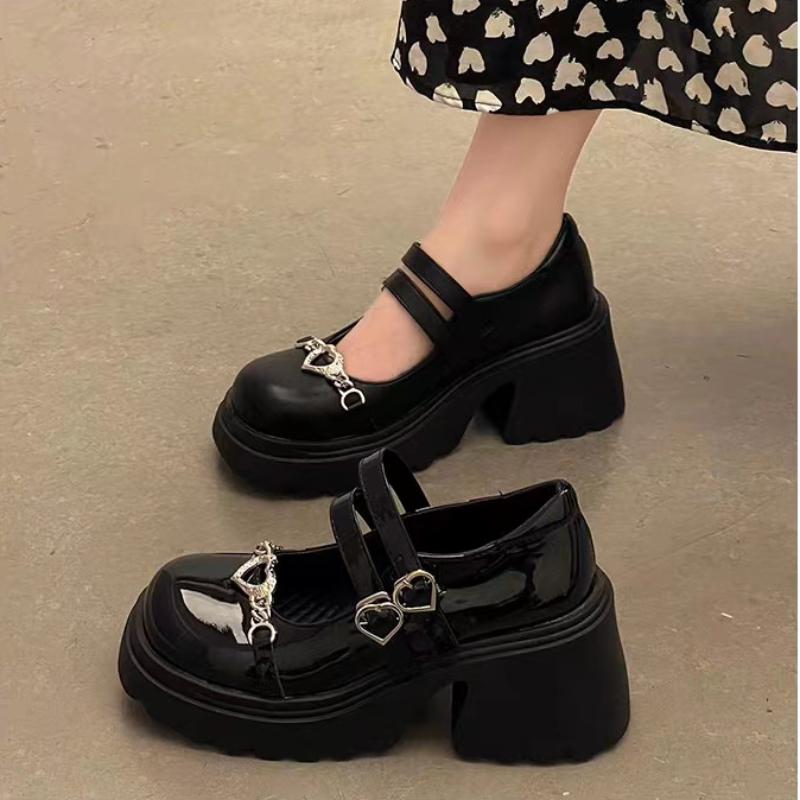 Women Gothic Chunky High Heels Pumps Woman 2025 Spring Patent Leather Platform Loafers Female Black Thick Heeled Jk Lolita Shoes