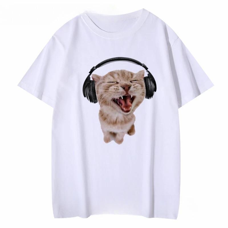 Kawaii Kitten With Headphones Print Women T Shirt Short Sleeve O Neck Red T-shirt Ladies Tee Shirt Tops Clothes Camisetas Mujer