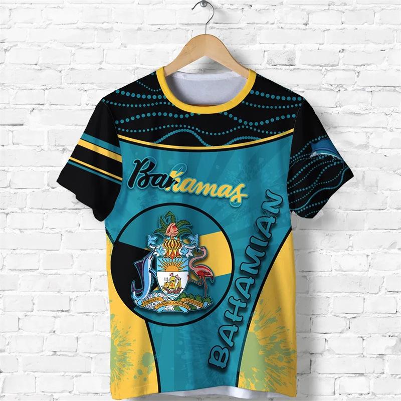 Men's 3D Printed T-Shirt Bahamas Flag and Emblem Print Short Sleeve O-Neck Pullover Casual Breathable Quick Drying Sports Top