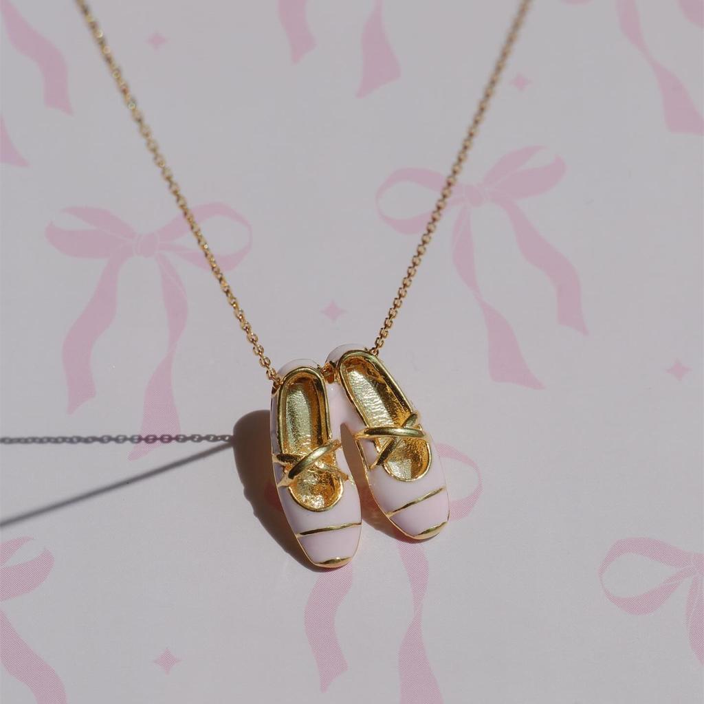 Pink Ballet Shoes Necklace With Diamonds Sweet Craft Vintage Elegant Prom Necklace