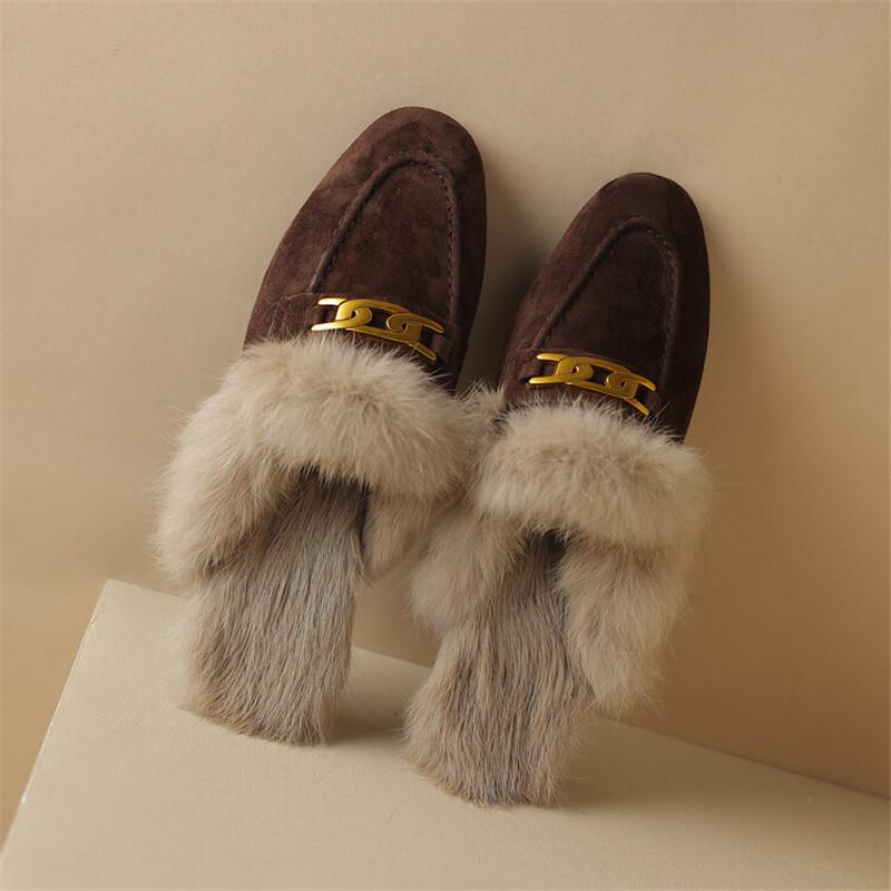 Fashion 2025 Winter Sheep Suede Women Shoes Rabbit Hair Mules Shoes for Women Round Toe Low Heel Slippers Chunky Heel Cover Toe Slippers