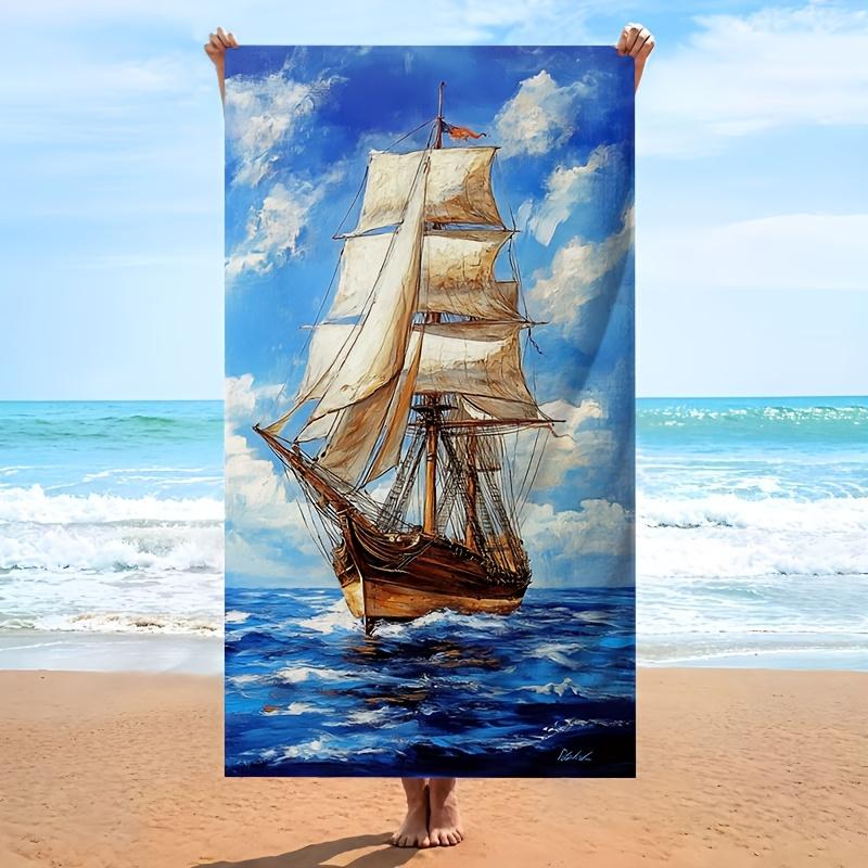 Nautical Sailing Ship Beach Towel Ocean Print Coastal Home Decor Bath Mat Summer Tropical Travel Gift Design Decor Accent