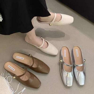 Flat-bottomed Bag Head Half Slippers Women's Summer Wear 2025 New One-pedal Silver Single Shoes Pregnant Women Cool Slippers Muller Shoes