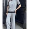 Womens Knit Polo Top Wide-Leg Pants Set 2025 Loose Fit Slimming Casual Outfit In Black Gray Camel