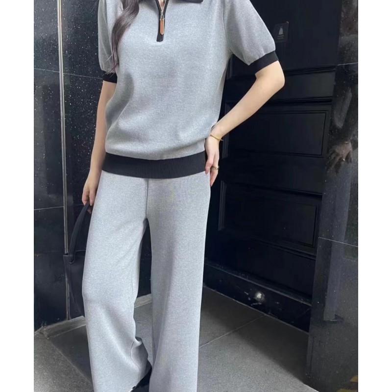 Womens Knit Polo Top Wide-Leg Pants Set 2025 Loose Fit Slimming Casual Outfit In Black Gray Camel