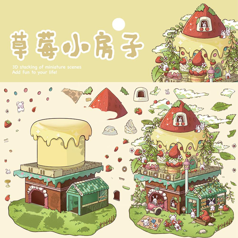 Cute Strawberry House Miniature Scene Sticker Harajuku Landscape Aesthetic Graffiti Laptop Landscape Community Sticker Creative