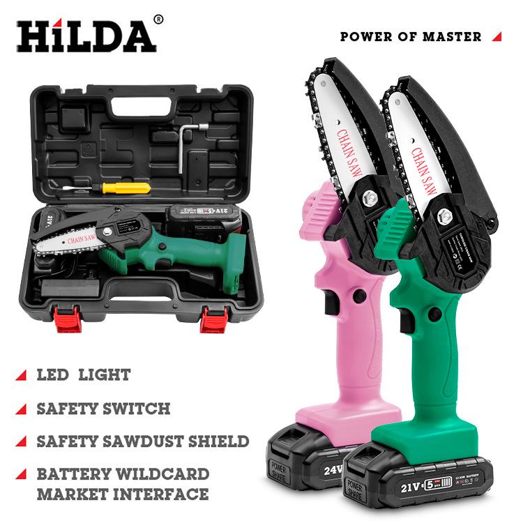 HILDA Electric Mini Chainsaw, Lithium Battery, Certified for Felling & Pruning