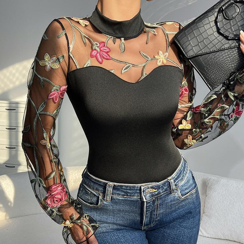 Netz-Blasen-Perspektive Hohl-Langarm Mode Damenbekleidung Figurbetont Sexy Bestickter Einteiler Körperformend