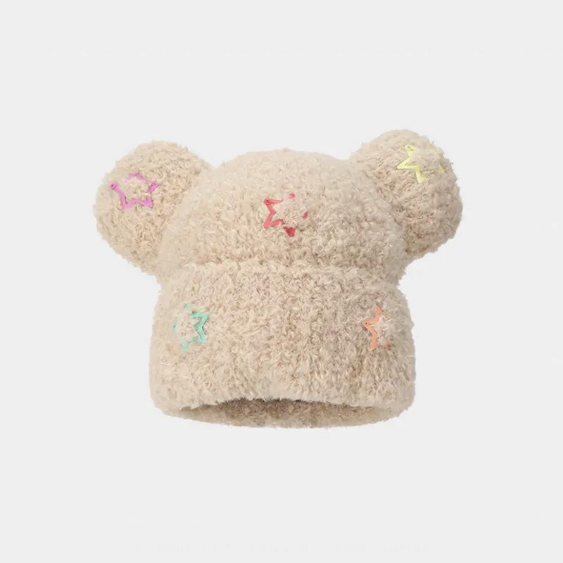 Neue Winterpullovermütze im koreanischen Stil mit süßem Bären, verdickte Strickmütze für Frauen, warme Plüsch-Strickmütze, um kleines Gesicht zu zeigen