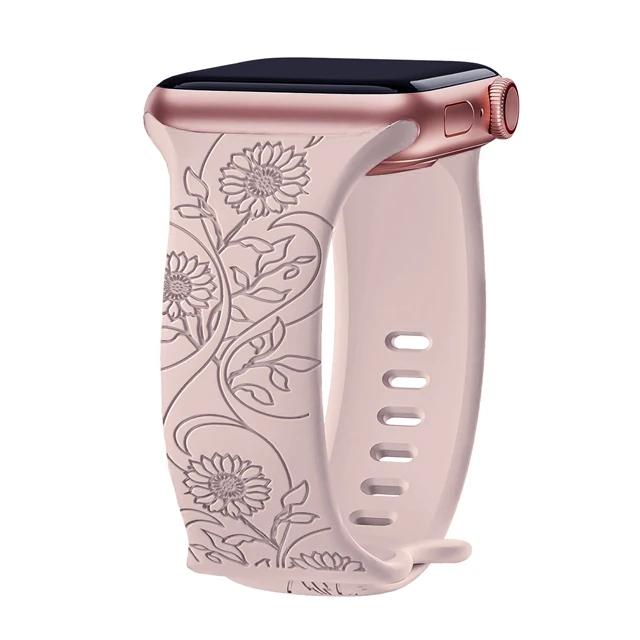 Floral Engraved Strap For Apple Watch Band 40mm 44mm 41mm 49mm 45mm 38mm 42mm Silicone Bracelet Iwatch Series 9 7 Se 6 8 Ultra 2
