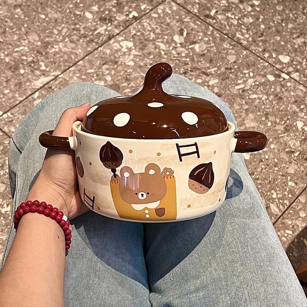 Hochwertige Instant-Nudelschüssel mit Deckel, Bären-Keramik-Instant-Nudelschüssel, Studentenwohnheim Reisschüssel, Schneckenpulver-Schüssel mit großem Fassungsvermögen