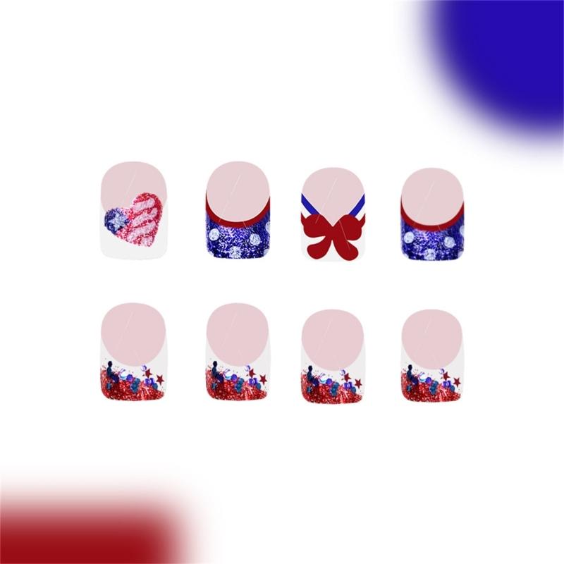 48 Pcs 4th of July Artificial Nail Short Full Cover False Nail Glittering Stick on Nail French Tip Press On Nail