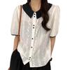 Women's Korean Jacquard Color Block Turn-Down Collar Short Sleeve Shirt - Fashionable and Versatile Summer Top