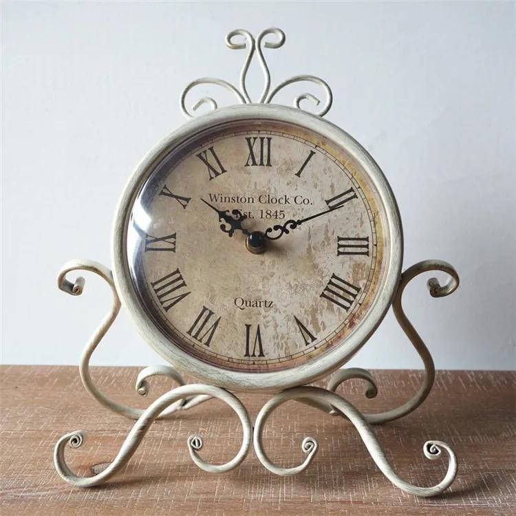

Luxury European Vintage Decor Clock Iron Silent Vintage Retro Table Home Bedroom Living Room Office Desktop Decorations белый