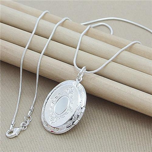 925 Silver Chain Necklace with round Photo Locket Pendant Charms Snake Chain Design Jewelry Accessory