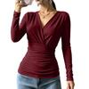 Damen Langarm V-Ausschnitt Bluse mit Kreuzfront und geraffter Taille für Herbst Winter