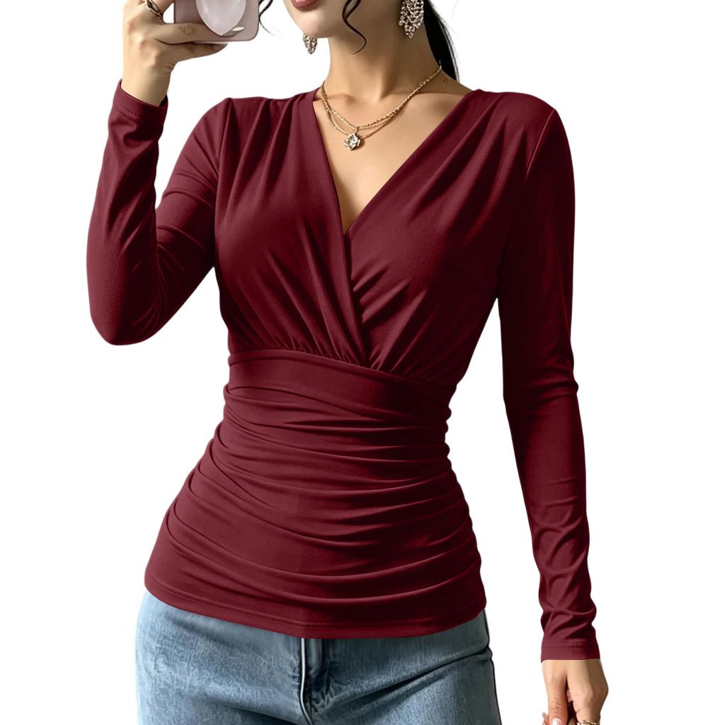 Damen Langarm V-Ausschnitt Bluse mit Kreuzfront und geraffter Taille für Herbst Winter