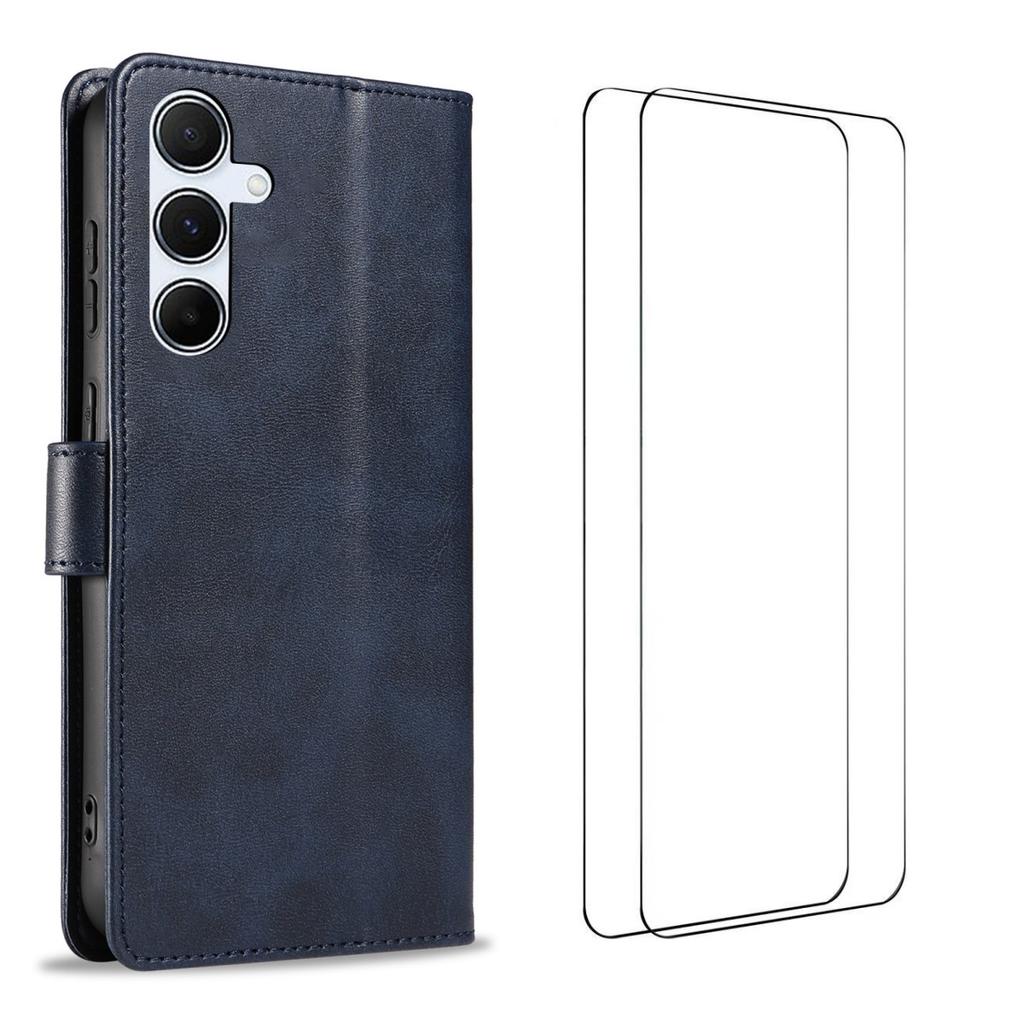For Samsung Galaxy A55 5G Case with 2Pcs Tempered Glass WANLONFENG WN Series Calf Texture Leather Phone Cover Big Cutouts