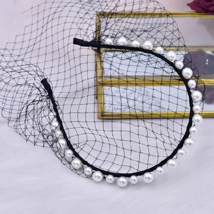 Breathable Face Veil Hairband Bridal Shower Hairhoop Head Accessory with Pearls Decors for Special Occasion Formal Outfit